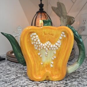 Yellow Bell Pepper Ceramic Teapot with Green Stem Handle
